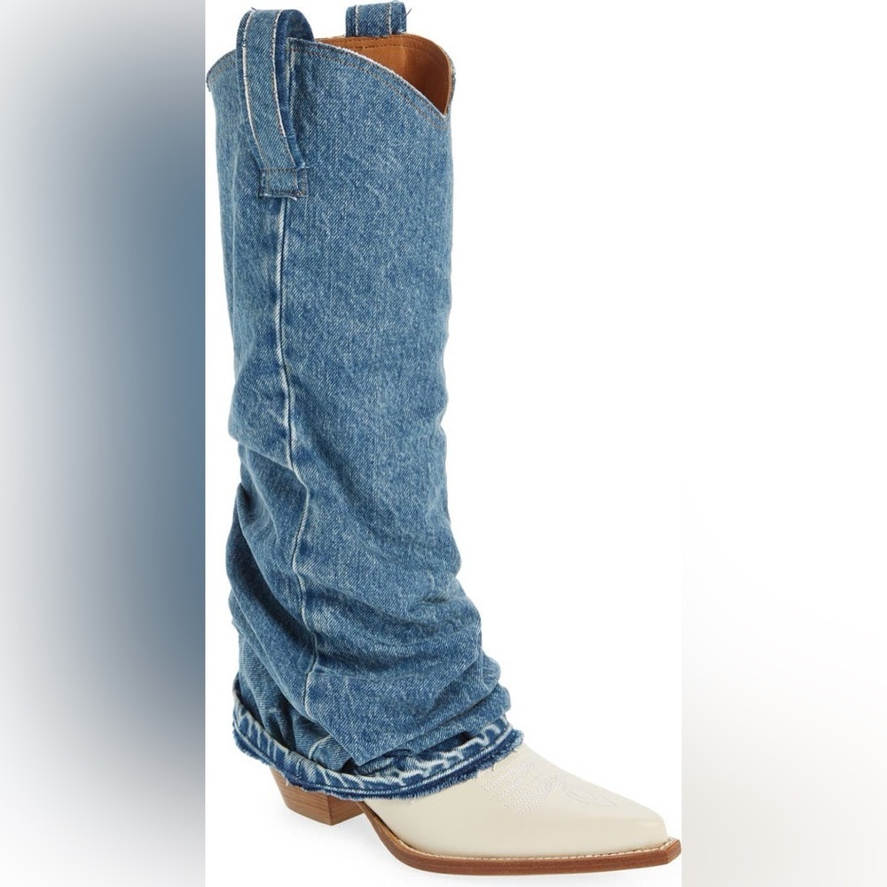 NWOB R13 Denim Sleeve Western Cowboy Boots in Indigo Blue & White